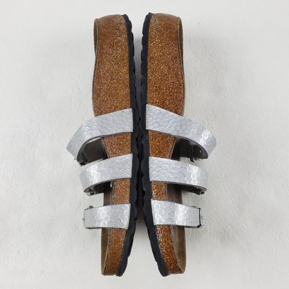Birkis Birkenstock Metallic Sandals Silver Womens 4-4.5 35 Leather Strappy Slide - Picture 6 of 11